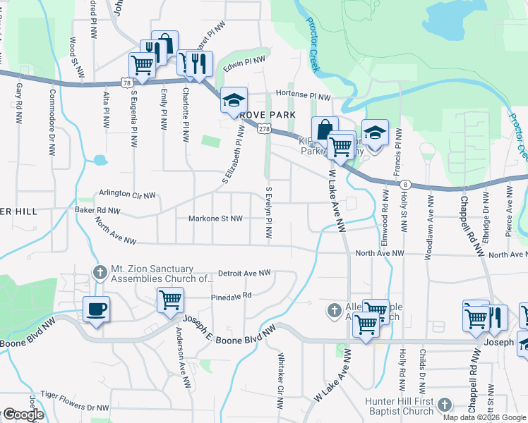 map of restaurants, bars, coffee shops, grocery stores, and more near 519 South Evelyn Place Northwest in Atlanta