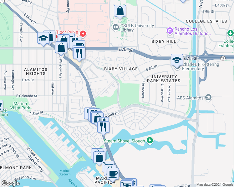 map of restaurants, bars, coffee shops, grocery stores, and more near 6004 Bixby Village Drive in Long Beach