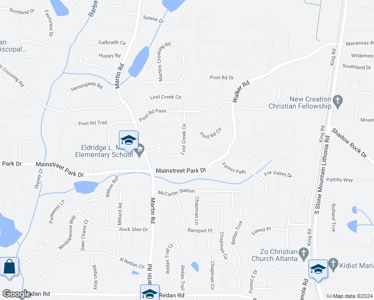 map of restaurants, bars, coffee shops, grocery stores, and more near 855 Lost Creek Circle in Stone Mountain