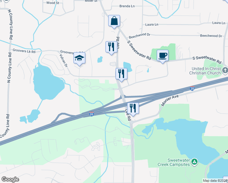 map of restaurants, bars, coffee shops, grocery stores, and more near 7703 Lee Road in Lithia Springs