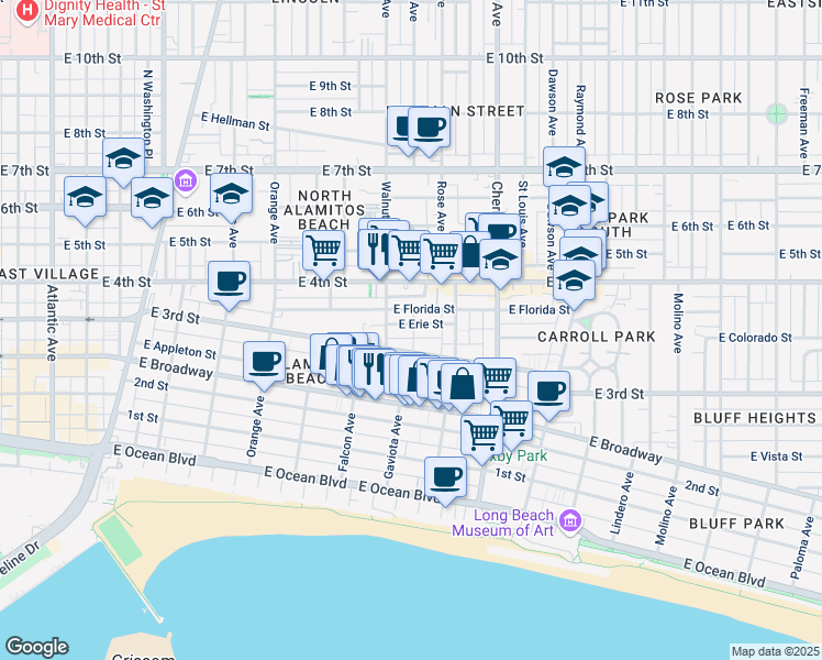 map of restaurants, bars, coffee shops, grocery stores, and more near 1640 East Erie Street in Long Beach