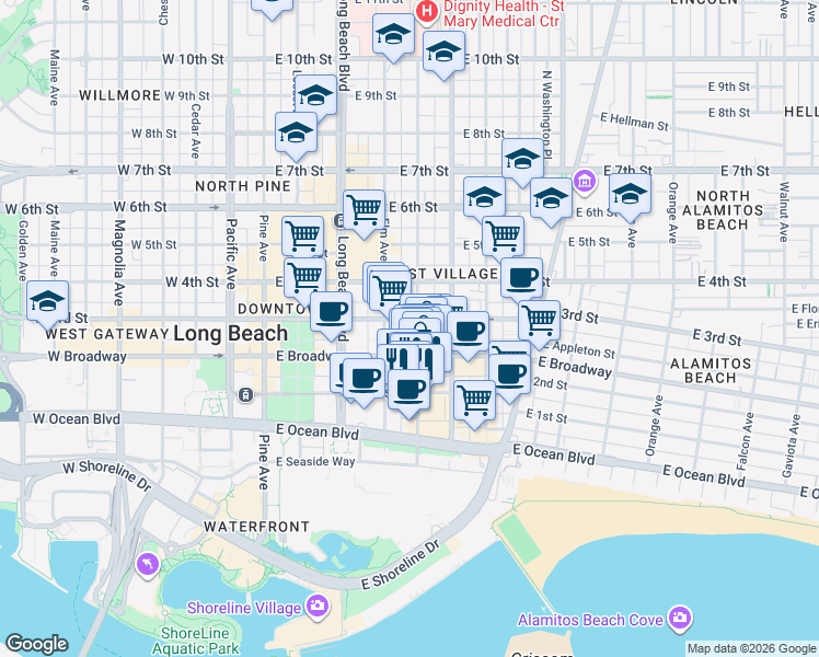 map of restaurants, bars, coffee shops, grocery stores, and more near 245 Linden Avenue in Long Beach