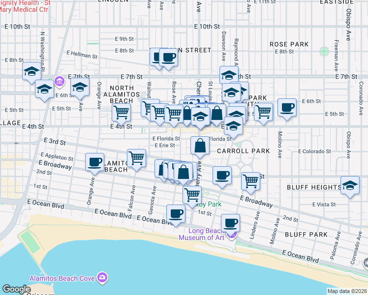 map of restaurants, bars, coffee shops, grocery stores, and more near 326 Hermosa Avenue in Long Beach