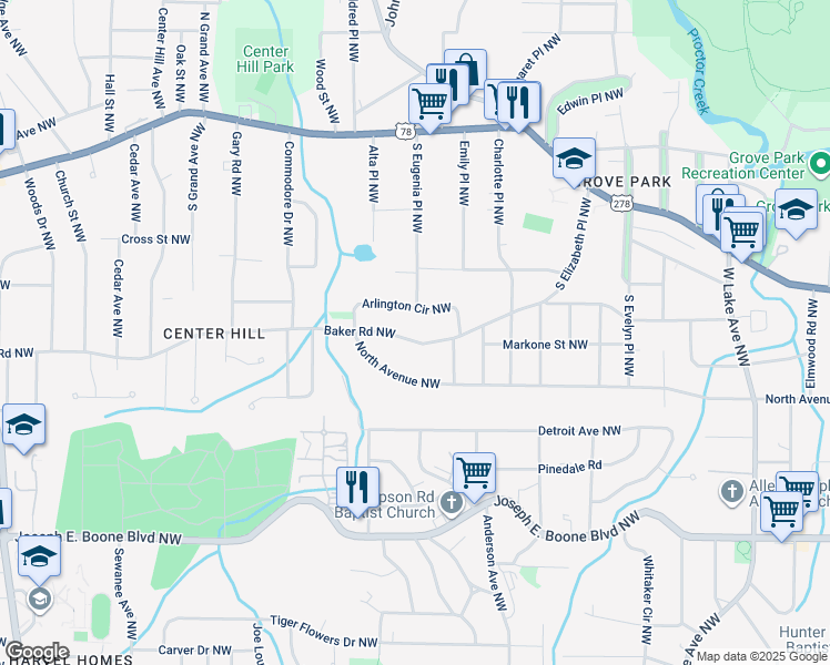 map of restaurants, bars, coffee shops, grocery stores, and more near 2044 Baker Road Northwest in Atlanta