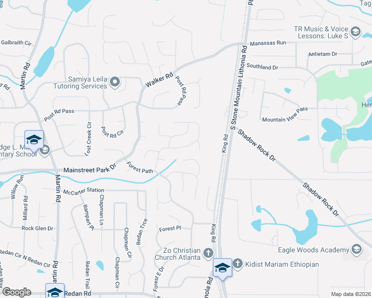 map of restaurants, bars, coffee shops, grocery stores, and more near 5446 Fox Haven Trail in Stone Mountain