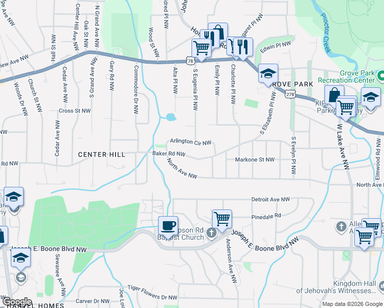 map of restaurants, bars, coffee shops, grocery stores, and more near 2047 Baker Road Northwest in Atlanta