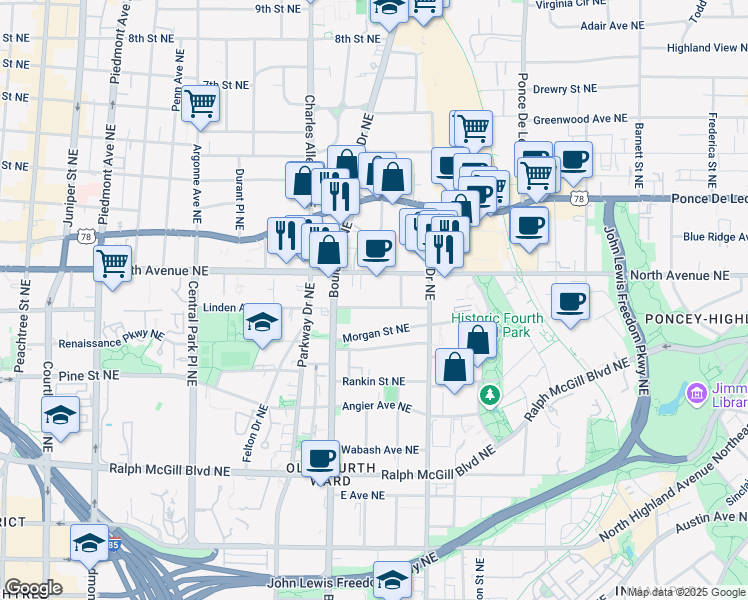 map of restaurants, bars, coffee shops, grocery stores, and more near 522 Boulevard Place Northeast in Atlanta