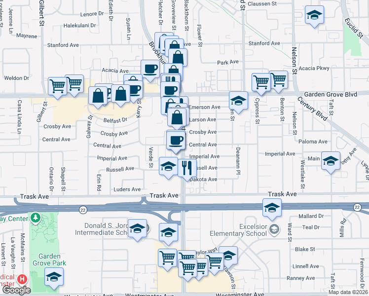 map of restaurants, bars, coffee shops, grocery stores, and more near 13301 Brookhurst Street in Garden Grove