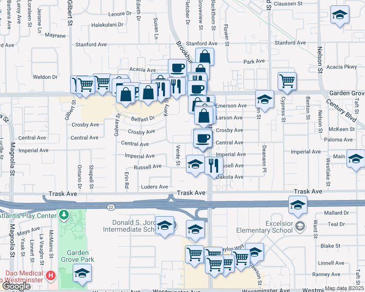 map of restaurants, bars, coffee shops, grocery stores, and more near 13291 Fletcher Street in Garden Grove