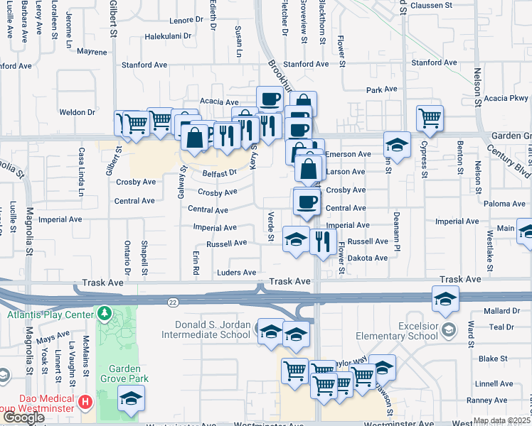 map of restaurants, bars, coffee shops, grocery stores, and more near 13302 Kerry Street in Garden Grove