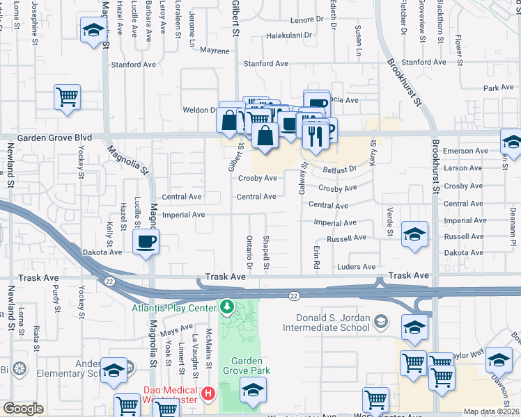 map of restaurants, bars, coffee shops, grocery stores, and more near 13302 Ontario Drive in Garden Grove