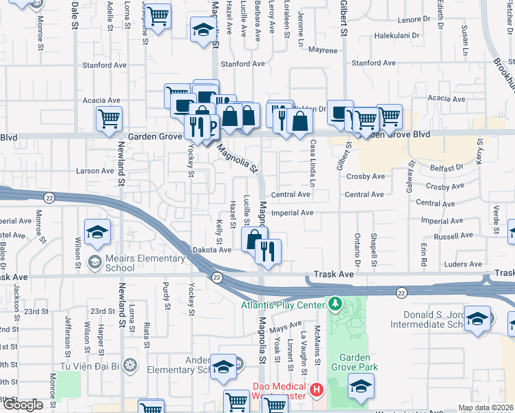map of restaurants, bars, coffee shops, grocery stores, and more near 9022 Imperial Avenue in Garden Grove