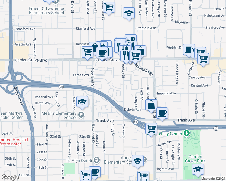 map of restaurants, bars, coffee shops, grocery stores, and more near 8676 Mar Drive in Garden Grove