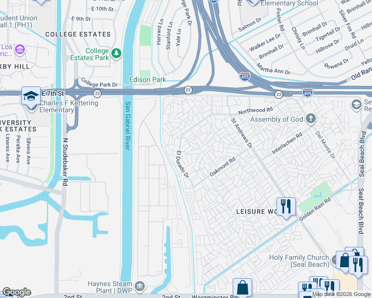 map of restaurants, bars, coffee shops, grocery stores, and more near 13340 El Dorado Drive in Seal Beach