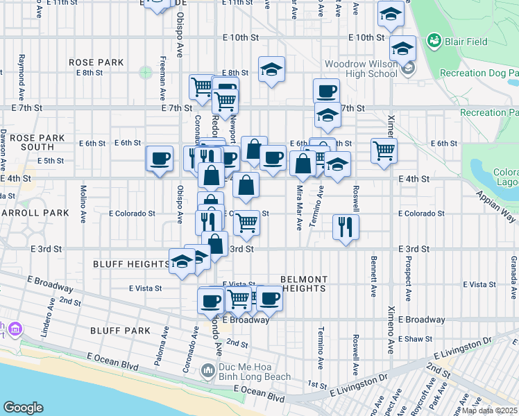 map of restaurants, bars, coffee shops, grocery stores, and more near 336 Euclid Avenue in Long Beach