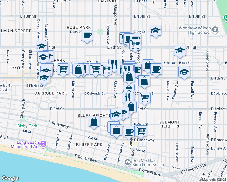 map of restaurants, bars, coffee shops, grocery stores, and more near 8 Eucalyptus Lane in Long Beach
