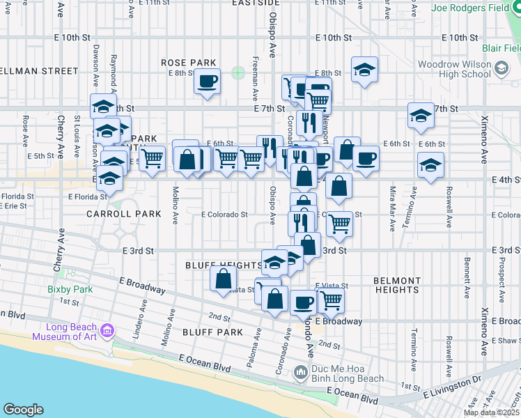 map of restaurants, bars, coffee shops, grocery stores, and more near 8 Eucalyptus Lane in Long Beach