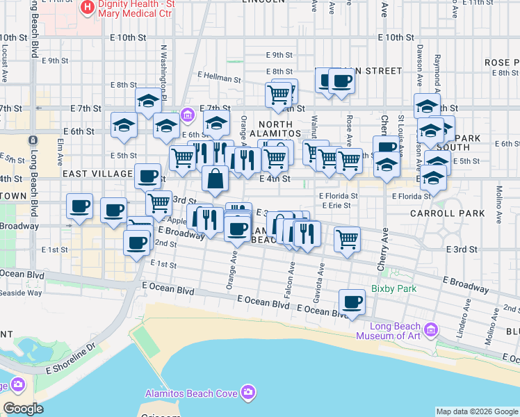 map of restaurants, bars, coffee shops, grocery stores, and more near 1249 East 3rd Street in Long Beach