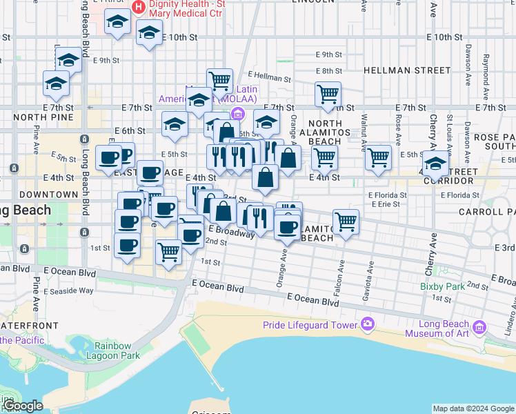 map of restaurants, bars, coffee shops, grocery stores, and more near 1061 East Appleton Street in Long Beach