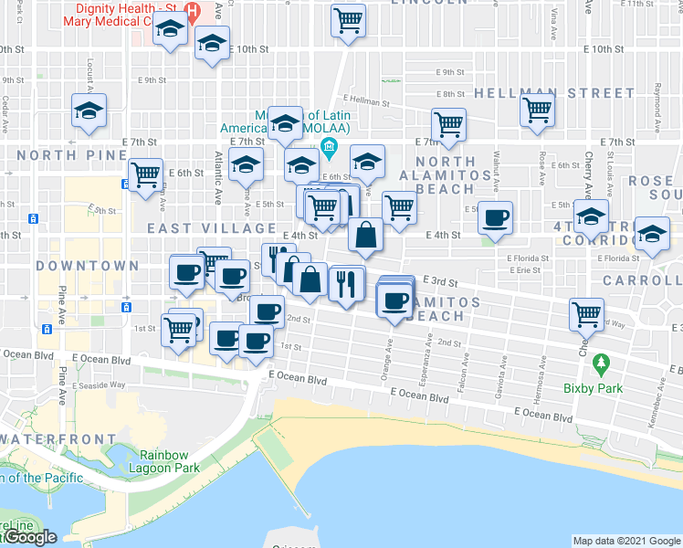 map of restaurants, bars, coffee shops, grocery stores, and more near 1061 East Appleton Street in Long Beach