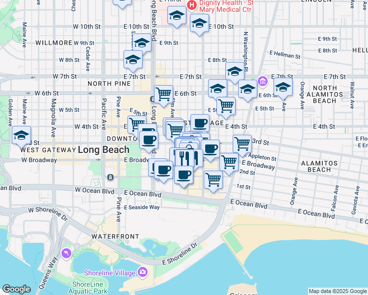 map of restaurants, bars, coffee shops, grocery stores, and more near 449 Linden Avenue in Long Beach