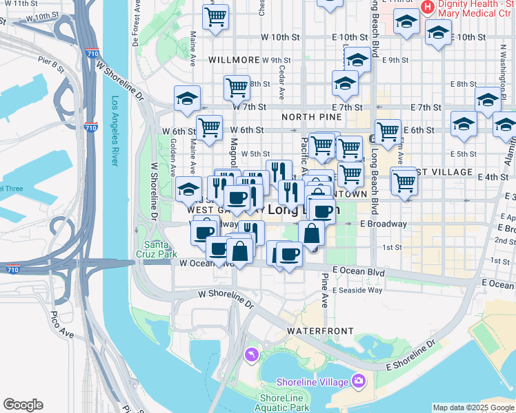 map of restaurants, bars, coffee shops, grocery stores, and more near 421 West Broadway in Long Beach
