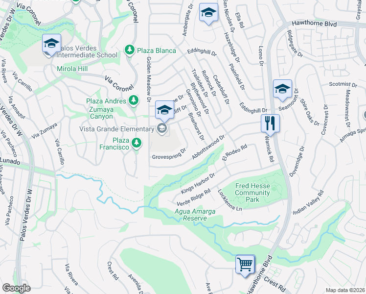 map of restaurants, bars, coffee shops, grocery stores, and more near 6847 Abbottswood Drive in Rancho Palos Verdes