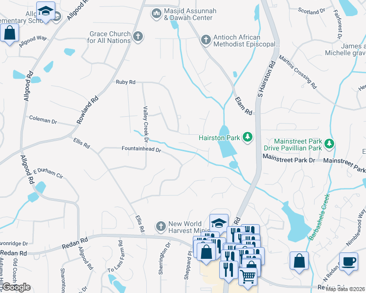 map of restaurants, bars, coffee shops, grocery stores, and more near 4653 Hardwood Road in Stone Mountain