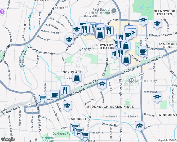 map of restaurants, bars, coffee shops, grocery stores, and more near 243 Greenwood Circle in Decatur