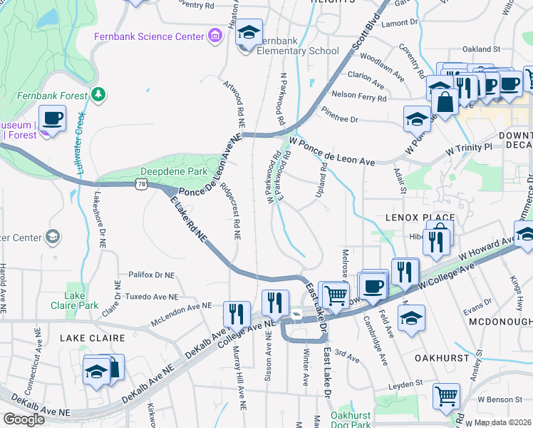 map of restaurants, bars, coffee shops, grocery stores, and more near 352 West Parkwood Road in Decatur