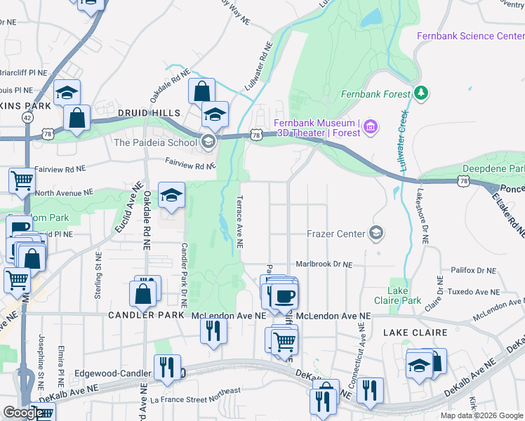 map of restaurants, bars, coffee shops, grocery stores, and more near 1577 North Decatur Road in Atlanta