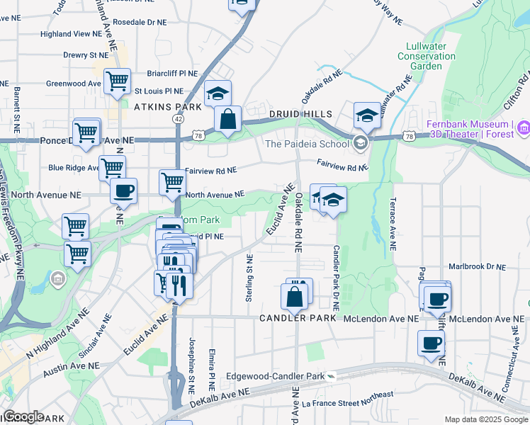 map of restaurants, bars, coffee shops, grocery stores, and more near 1343 Euclid Avenue Northeast in Atlanta