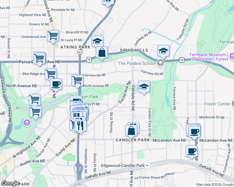 map of restaurants, bars, coffee shops, grocery stores, and more near 1343 Euclid Avenue Northeast in Atlanta