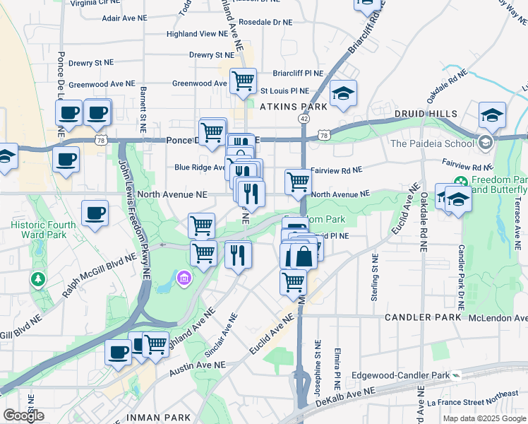 map of restaurants, bars, coffee shops, grocery stores, and more near 550 Seminole Avenue Northeast in Atlanta