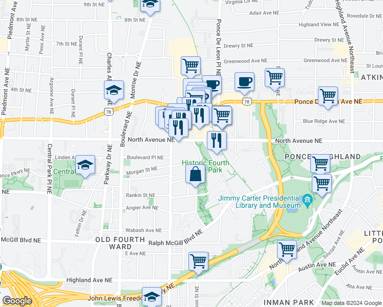 map of restaurants, bars, coffee shops, grocery stores, and more near 641 North Avenue Northeast in Atlanta