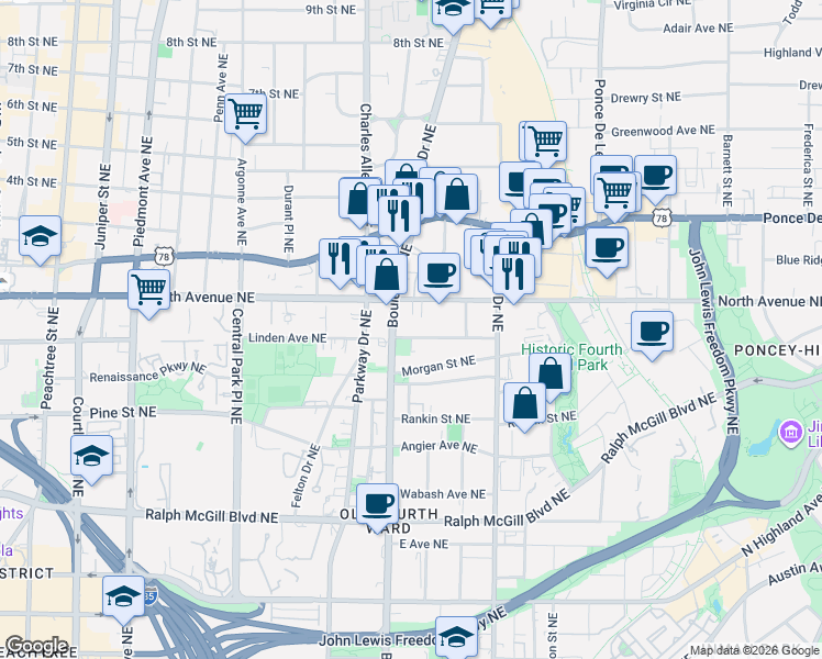 map of restaurants, bars, coffee shops, grocery stores, and more near 511 Boulevard Place Northeast in Atlanta