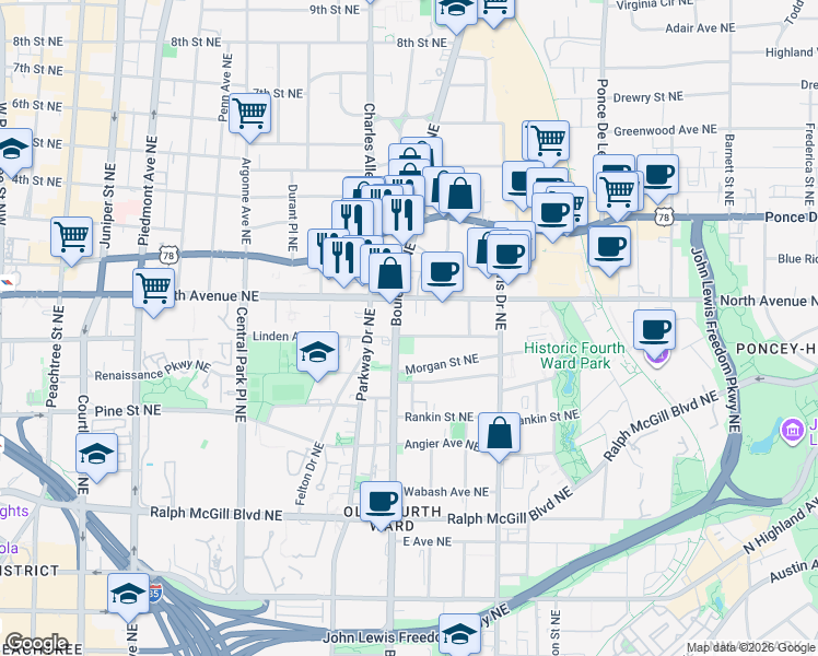 map of restaurants, bars, coffee shops, grocery stores, and more near in Atlanta