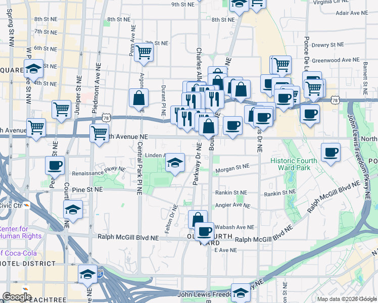 map of restaurants, bars, coffee shops, grocery stores, and more near 552 Parkway Drive Northeast in Atlanta