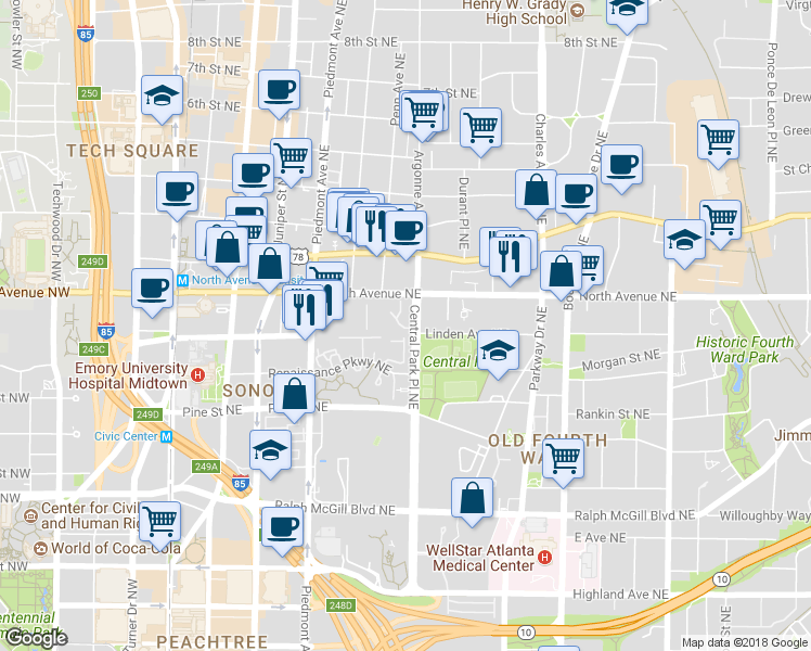 map of restaurants, bars, coffee shops, grocery stores, and more near 13 Finch Trail Northeast in Atlanta