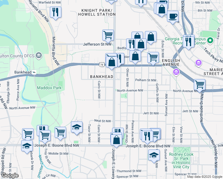 map of restaurants, bars, coffee shops, grocery stores, and more near 543 Norfolk Street Northwest in Atlanta