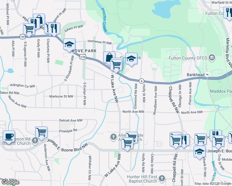 map of restaurants, bars, coffee shops, grocery stores, and more near 1621 Hasty Place Northwest in Atlanta