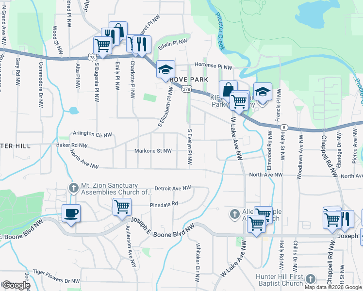 map of restaurants, bars, coffee shops, grocery stores, and more near 535 Marktwo Place Northwest in Atlanta
