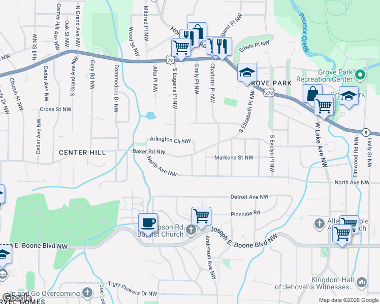 map of restaurants, bars, coffee shops, grocery stores, and more near 514 Pelton Place Northwest in Atlanta