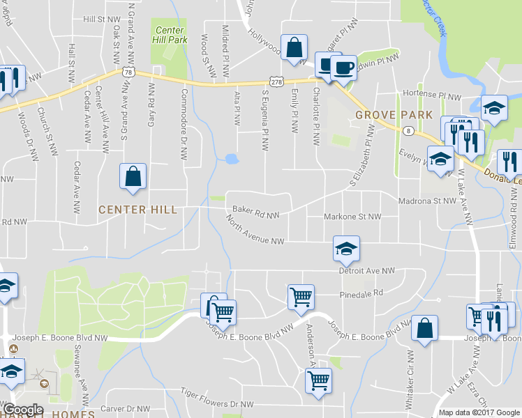 map of restaurants, bars, coffee shops, grocery stores, and more near 2044 Baker Road Northwest in Atlanta