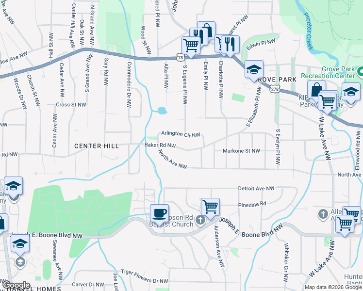 map of restaurants, bars, coffee shops, grocery stores, and more near 2044 Baker Road Northwest in Atlanta