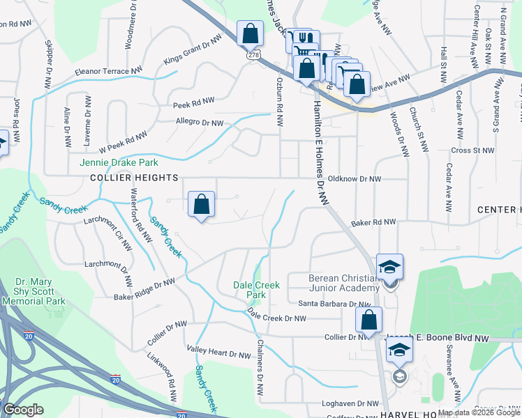 map of restaurants, bars, coffee shops, grocery stores, and more near 531 Collier Ridge Drive Northwest in Atlanta