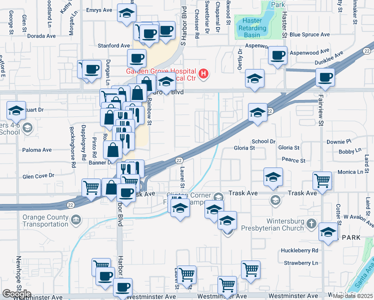 map of restaurants, bars, coffee shops, grocery stores, and more near 12322 Flagstone Place in Garden Grove