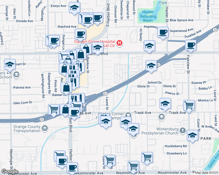 map of restaurants, bars, coffee shops, grocery stores, and more near 12322 Flagstone Place in Garden Grove