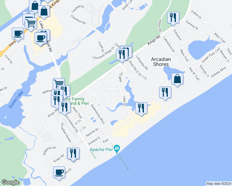 map of restaurants, bars, coffee shops, grocery stores, and more near 302 Westbury Court in Myrtle Beach
