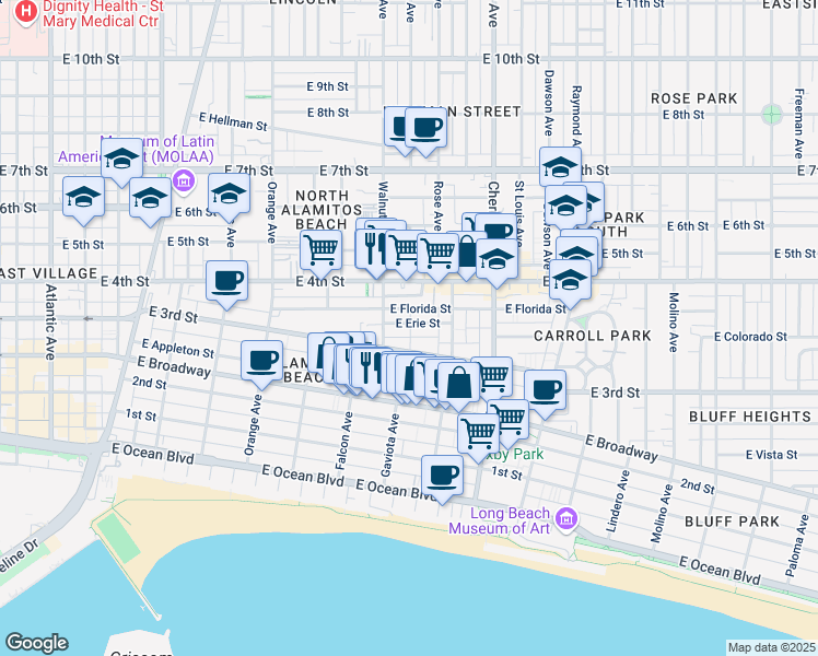 map of restaurants, bars, coffee shops, grocery stores, and more near 1642 East Erie Street in Long Beach